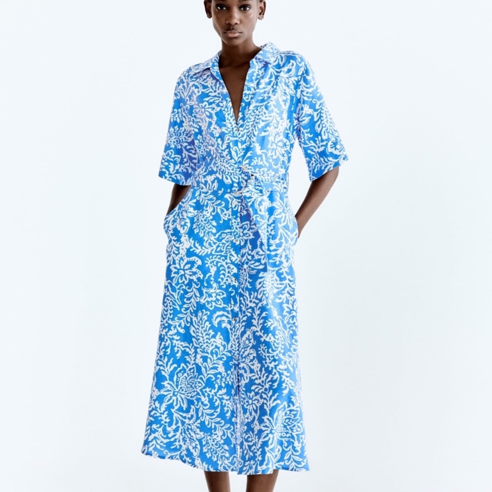 Zara Blue and White Floral Midi Dress